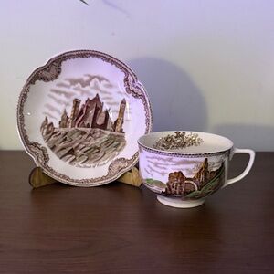Johnson Brothers Old Britain Castles brown transferware cup and saucer set.